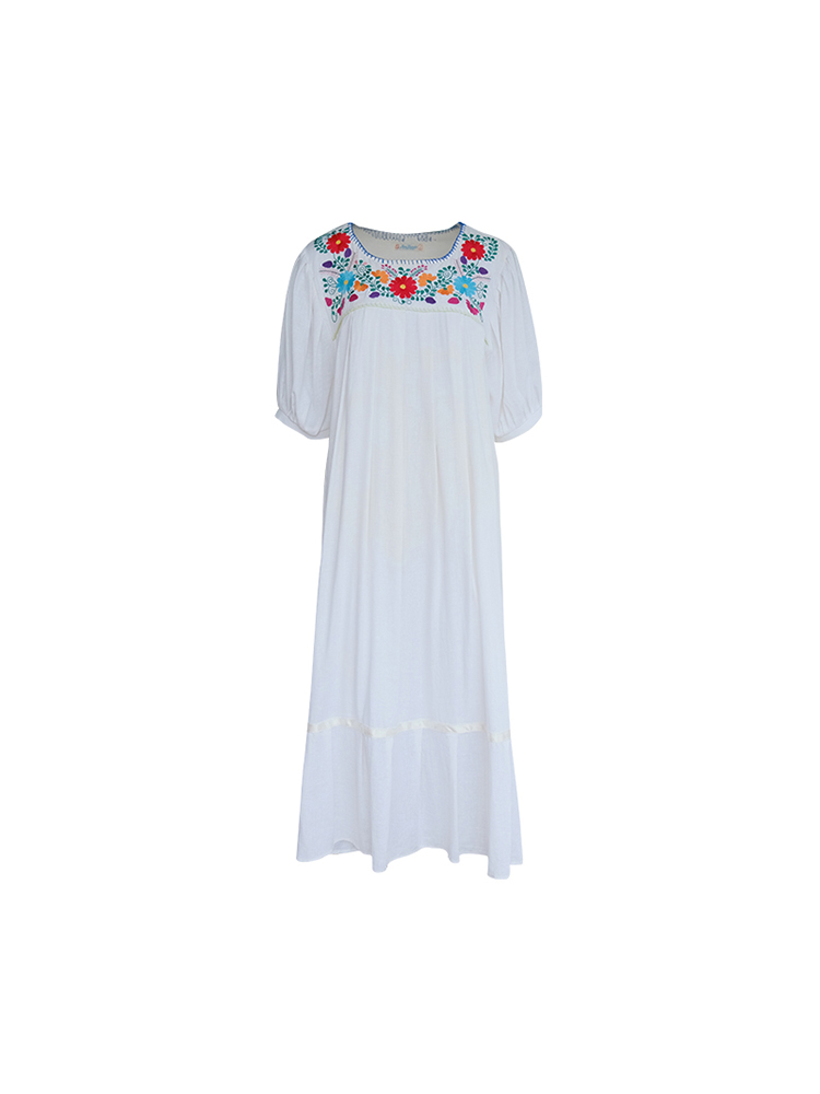 White Retro Embroidered Cotton-Linen Summer Dress for Women, Loose U-Neck Puff Sleeve, Vintage Style, Boho Fashion White Retro Embroidered Cotton-Linen Summer Dress for Women, Loose U-Neck Puff Sleeve, Vintage Style, Boho Fashion