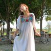 White Retro Embroidered Cotton-Linen Summer Dress for Women, Loose U-Neck Puff Sleeve, Vintage Style, Boho Fashion