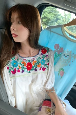 White Retro Embroidered Cotton-Linen Summer Dress for Women, Loose U-Neck Puff Sleeve, Vintage Style, Boho Fashion