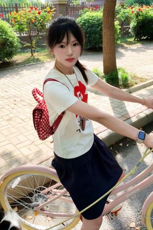 White Round Neck Short-Sleeve T-Shirt for Women with Red Floral Letter Print, Casual Slim Fit Summer Top, Y2K INS Style