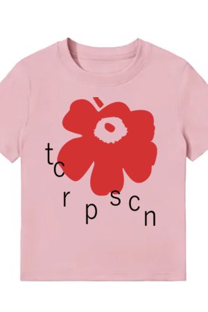 White Round Neck Short-Sleeve T-Shirt for Women with Red Floral Letter Print, Casual Slim Fit Summer Top, Y2K INS Style