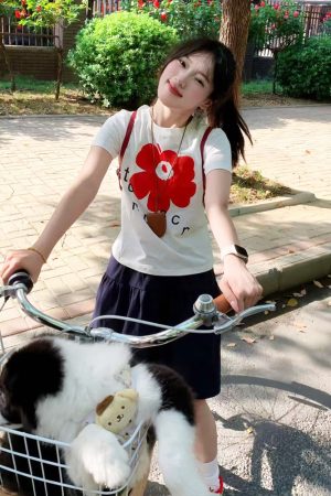 White Round Neck Short-Sleeve T-Shirt for Women with Red Floral Letter Print, Casual Slim Fit Summer Top, Y2K INS Style