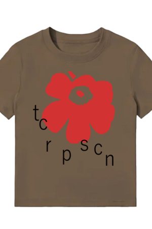 White Round Neck Short-Sleeve T-Shirt for Women with Red Floral Letter Print, Casual Slim Fit Summer Top, Y2K INS Style