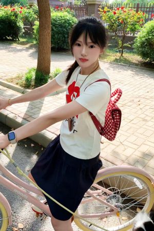 White Round Neck Short-Sleeve T-Shirt for Women with Red Floral Letter Print, Casual Slim Fit Summer Top, Y2K INS Style