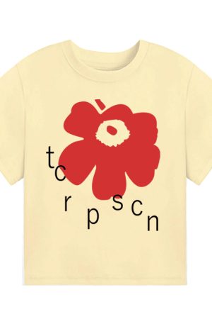 White Round Neck Short-Sleeve T-Shirt for Women with Red Floral Letter Print, Casual Slim Fit Summer Top, Y2K INS Style