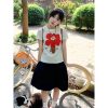 White Round Neck Short-Sleeve T-Shirt for Women with Red Floral Letter Print, Casual Slim Fit Summer Top, Y2K INS Style