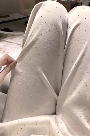 White Satin Wide-Leg Pants for Women with Rhinestone Detail, Loose Fit, Flattering Draping, Versatile Y2K Style Long Trousers