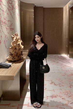 White Satin Wide-Leg Pants for Women with Rhinestone Detail, Loose Fit, Flattering Draping, Versatile Y2K Style Long Trousers