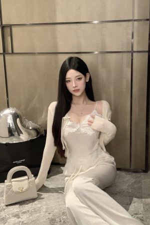 White Satin Wide-Leg Pants for Women with Rhinestone Detail, Loose Fit, Flattering Draping, Versatile Y2K Style Long Trousers