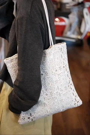 White Sequined Lace Handbag with Hollow Design - Large Capacity Commuter Tote & Shoulder Bag for Chic Everyday Style