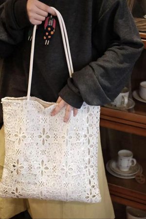 White Sequined Lace Handbag with Hollow Design - Large Capacity Commuter Tote & Shoulder Bag for Chic Everyday Style