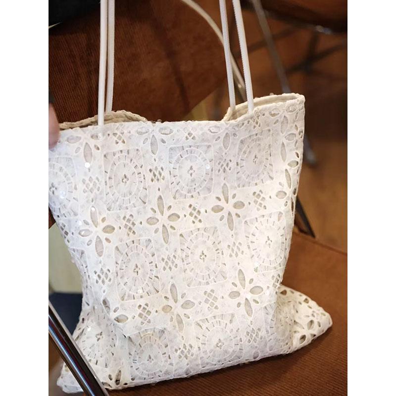White Sequined Lace Handbag with Hollow Design - Large Capacity Commuter Tote & Shoulder Bag for Chic Everyday Style White Sequined Lace Handbag with Hollow Design - Large Capacity Commuter Tote & Shoulder Bag for Chic Everyday Style