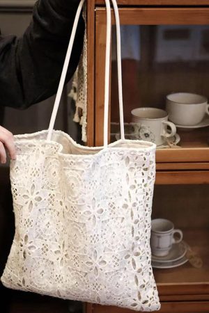 White Sequined Lace Handbag with Hollow Design - Large Capacity Commuter Tote & Shoulder Bag for Chic Everyday Style