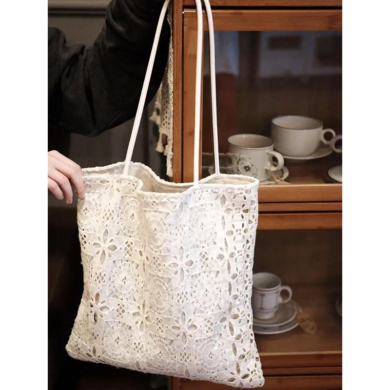 White Sequined Lace Handbag with Hollow Design - Large Capacity Commuter Tote & Shoulder Bag for Chic Everyday Style White Sequined Lace Handbag with Hollow Design - Large Capacity Commuter Tote & Shoulder Bag for Chic Everyday Style