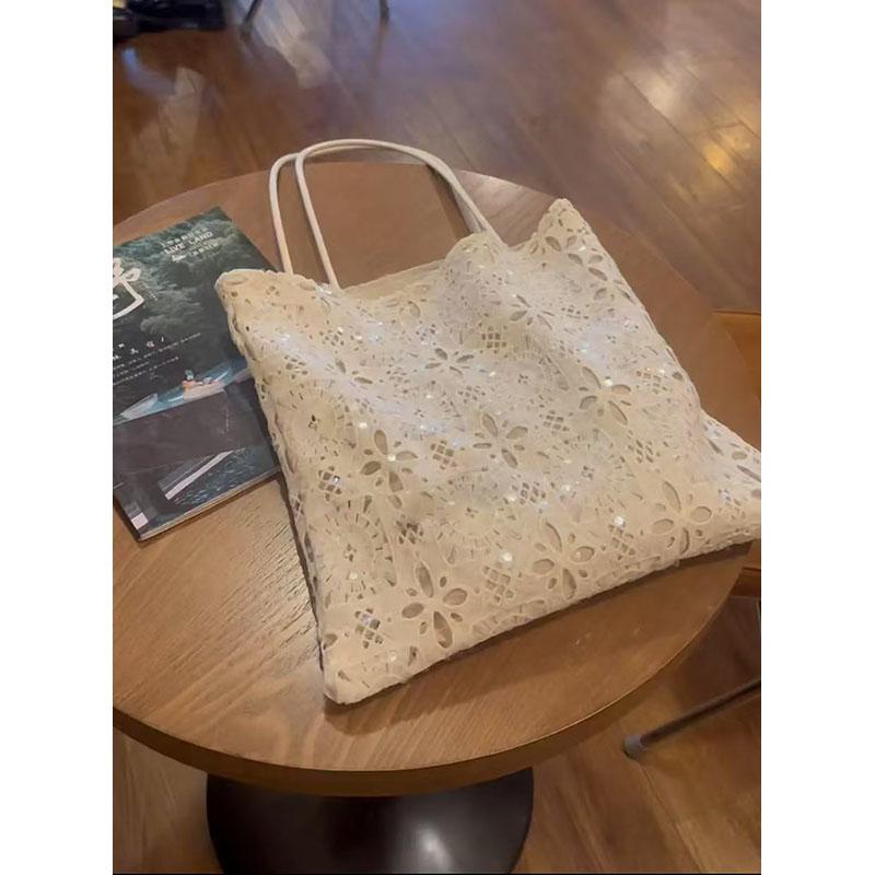 White Sequined Lace Handbag with Hollow Design - Large Capacity Commuter Tote & Shoulder Bag for Chic Everyday Style White Sequined Lace Handbag with Hollow Design - Large Capacity Commuter Tote & Shoulder Bag for Chic Everyday Style