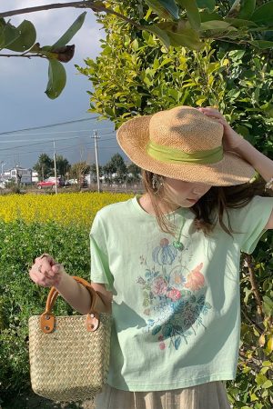 White Short Sleeve Floral Oil Painting T-Shirt for Women, Summer Pure Cotton, Loose Fit, Round Neck, Vintage Style Top