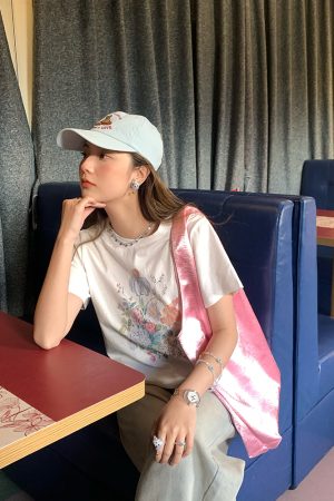 White Short Sleeve Floral Oil Painting T-Shirt for Women, Summer Pure Cotton, Loose Fit, Round Neck, Vintage Style Top