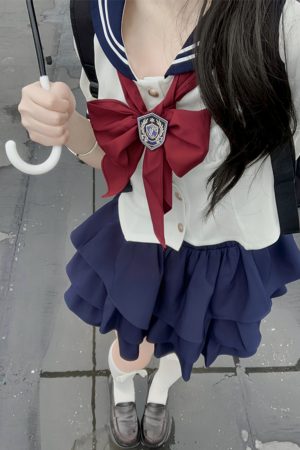 White Short-Sleeve Sailor Suit JK Uniform Set with Waist-Cinching Design - Cute Pudding Bear Style for Y2K Fashion