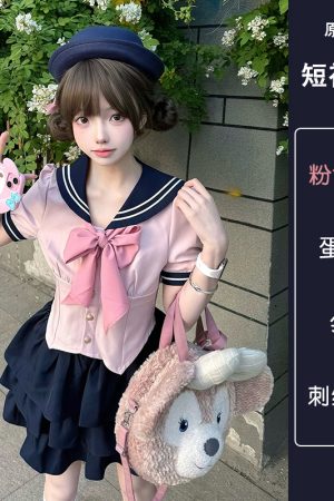 White Short-Sleeve Sailor Suit JK Uniform Set with Waist-Cinching Design - Cute Pudding Bear Style for Y2K Fashion