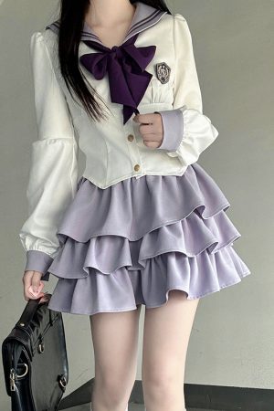 White Short-Sleeve Sailor Suit JK Uniform Set with Waist-Cinching Design - Cute Pudding Bear Style for Y2K Fashion