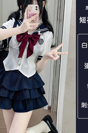 White Short-Sleeve Sailor Suit JK Uniform Set with Waist-Cinching Design - Cute Pudding Bear Style for Y2K Fashion