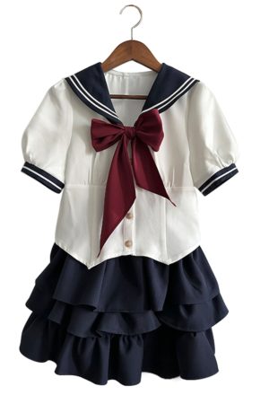 White Short-Sleeve Sailor Suit JK Uniform Set with Waist-Cinching Design - Cute Pudding Bear Style for Y2K Fashion