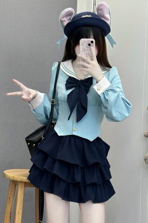 White Short-Sleeve Sailor Suit JK Uniform Set with Waist-Cinching Design - Cute Pudding Bear Style for Y2K Fashion