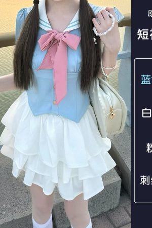 White Short-Sleeve Sailor Suit JK Uniform Set with Waist-Cinching Design - Cute Pudding Bear Style for Y2K Fashion