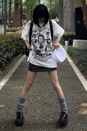 White Short Sleeve T-Shirt for Women - Summer Punk Print, Loose Off-Shoulder Top, Y2K Fashion, Subculture Style