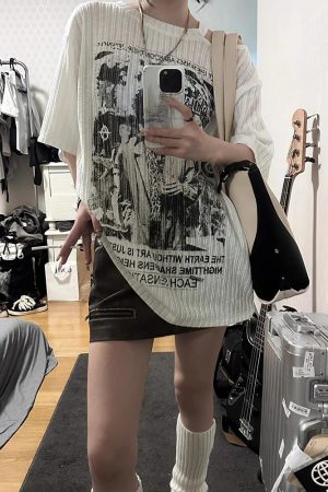 White Short Sleeve T-Shirt for Women - Summer Punk Print, Loose Off-Shoulder Top, Y2K Fashion, Subculture Style