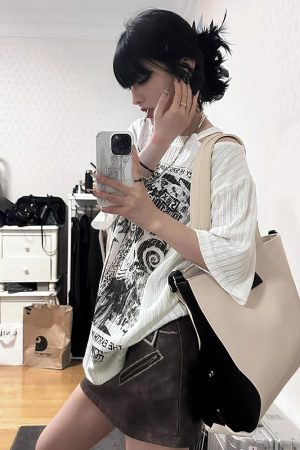 White Short Sleeve T-Shirt for Women - Summer Punk Print, Loose Off-Shoulder Top, Y2K Fashion, Subculture Style