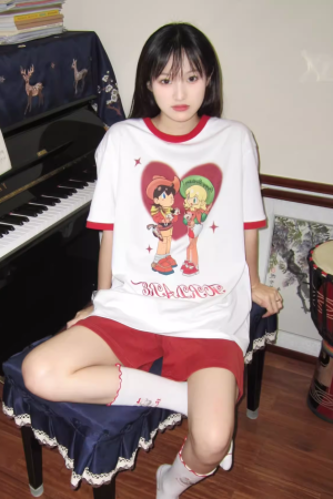 White Short Sleeve Women's Japanese-Style Color-Block Cartoon Print Heavyweight T-Shirt - Summer Half-Sleeve Couple Top