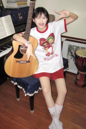 White Short Sleeve Women's Japanese-Style Color-Block Cartoon Print Heavyweight T-Shirt - Summer Half-Sleeve Couple Top