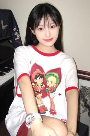 White Short Sleeve Women's Japanese-Style Color-Block Cartoon Print Heavyweight T-Shirt - Summer Half-Sleeve Couple Top