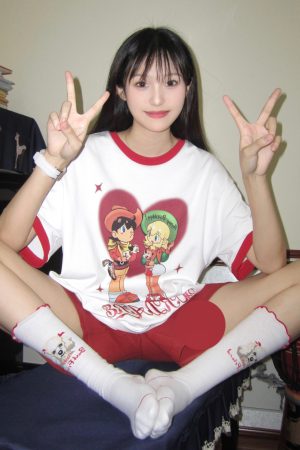 White Short Sleeve Women's Japanese-Style Color-Block Cartoon Print Heavyweight T-Shirt - Summer Half-Sleeve Couple Top