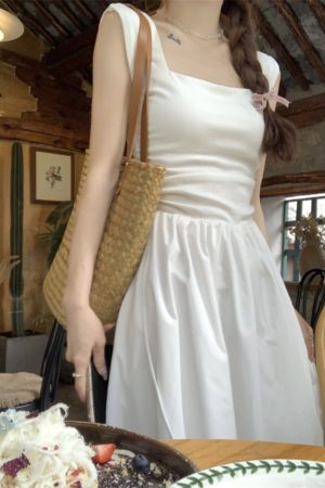 White Sleeveless French-Style Dress for Women, Summer Square Neck, Waist-Cinching, Slimming Long Dress - Elegant 90s Fashion