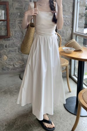White Sleeveless French-Style Dress for Women, Summer Square Neck, Waist-Cinching, Slimming Long Dress - Elegant 90s Fashion