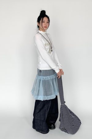 White Snow Lace Mesh Polka Dot Ruffled Elastic Waist Layered Sheer Half Skirt - Cute Y2K Style Party Skirt for Trendy Outfits