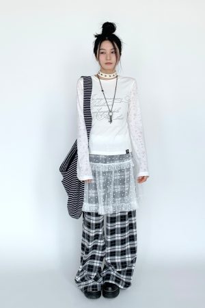 White Snow Lace Mesh Polka Dot Ruffled Elastic Waist Layered Sheer Half Skirt - Cute Y2K Style Party Skirt for Trendy Outfits