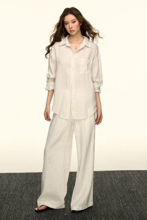 White Sun-Protective Linen Long Sleeve Shirt and Relaxed Ramie Pants Set for Women - Chic Summer Outfit
