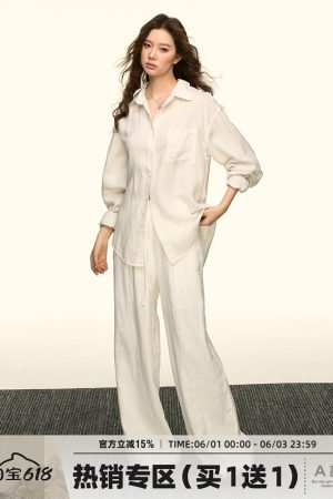 White Sun-Protective Linen Long Sleeve Shirt and Relaxed Ramie Pants Set for Women - Chic Summer Outfit