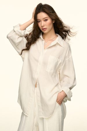 White Sun-Protective Linen Long Sleeve Shirt and Relaxed Ramie Pants Set for Women - Chic Summer Outfit