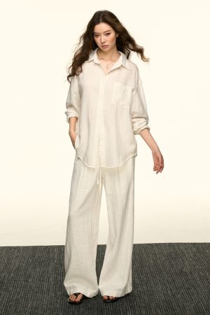 White Sun-Protective Linen Long Sleeve Shirt and Relaxed Ramie Pants Set for Women - Chic Summer Outfit