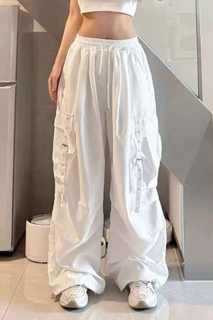 White Wide-Leg Work Pants for Women - Casual Hip-Hop Street Dance Style, Loose Fit, Floor-Length Sports Trousers