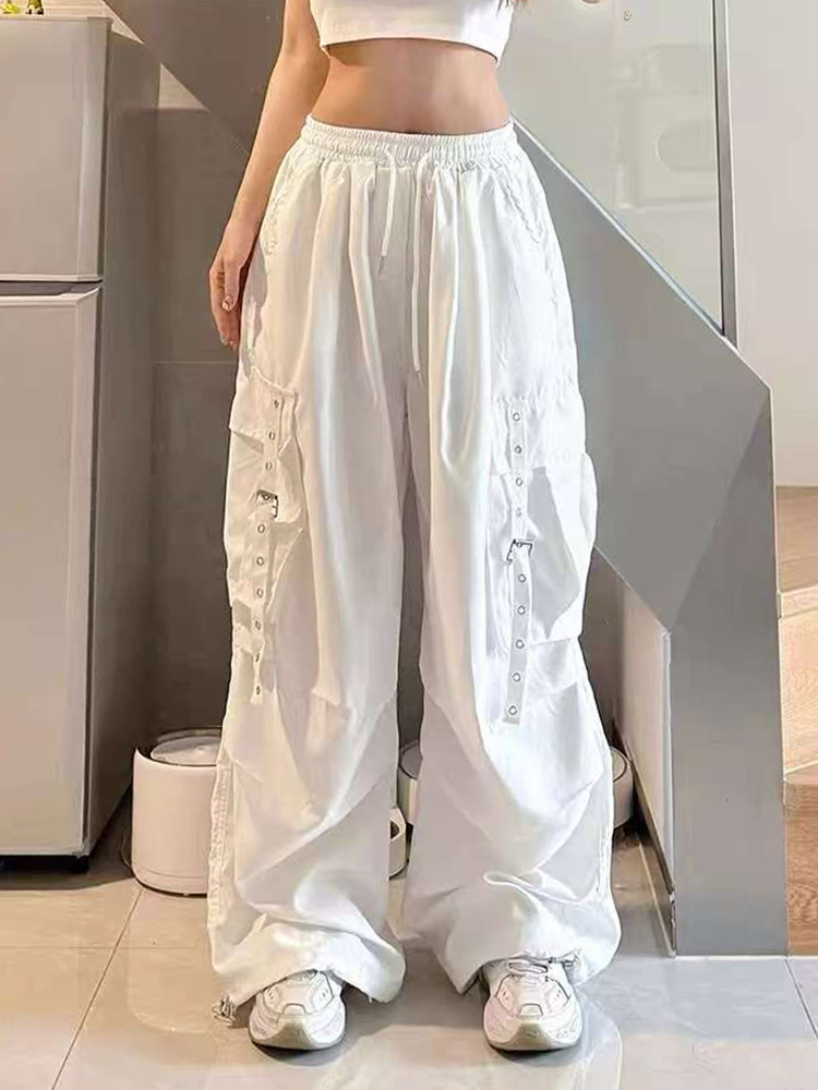White Wide-Leg Work Pants for Women - Casual Hip-Hop Street Dance Style, Loose Fit, Floor-Length Sports Trousers White Wide-Leg Work Pants for Women - Casual Hip-Hop Street Dance Style, Loose Fit, Floor-Length Sports Trousers