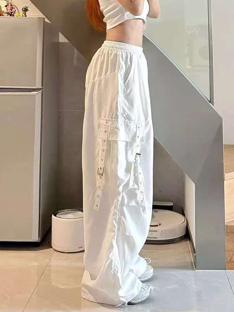 White Wide-Leg Work Pants for Women - Casual Hip-Hop Street Dance Style, Loose Fit, Floor-Length Sports Trousers White Wide-Leg Work Pants for Women - Casual Hip-Hop Street Dance Style, Loose Fit, Floor-Length Sports Trousers