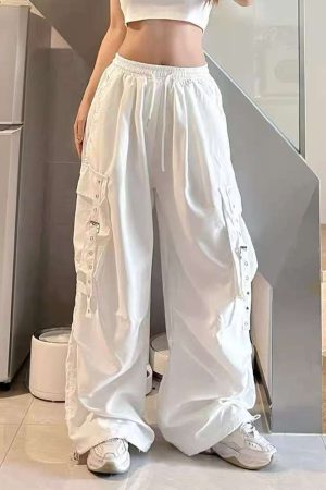 White Wide-Leg Work Pants for Women - Casual Hip-Hop Street Dance Style, Loose Fit, Floor-Length Sports Trousers