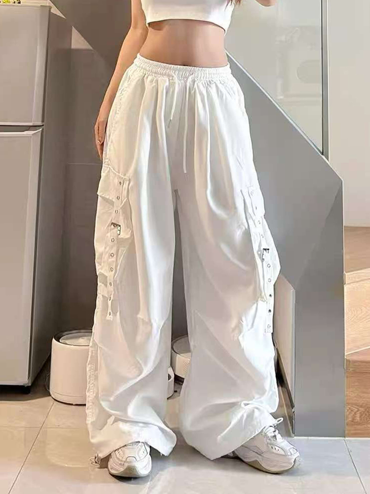 White Wide-Leg Work Pants for Women - Casual Hip-Hop Street Dance Style, Loose Fit, Floor-Length Sports Trousers White Wide-Leg Work Pants for Women - Casual Hip-Hop Street Dance Style, Loose Fit, Floor-Length Sports Trousers