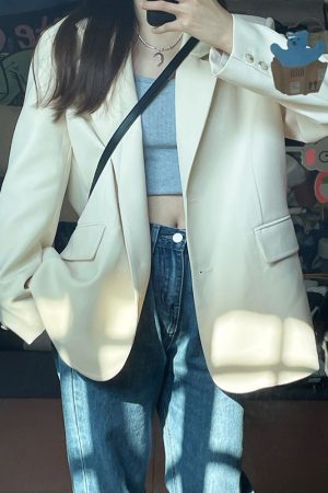 White Women's Blazer - High-End Street Fashion Suit Jacket, Loose Casual Silhouette, Slim Fit for Spring & Autumn 2025