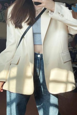 White Women's Blazer - High-End Street Fashion Suit Jacket, Loose Casual Silhouette, Slim Fit for Spring & Autumn 2025